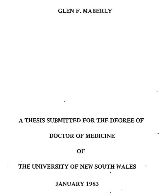 Title page text reads "Glen F. Maberly. A thesis submitted for the degree of doctor of medicine of The University of New South Wales. January 1983".