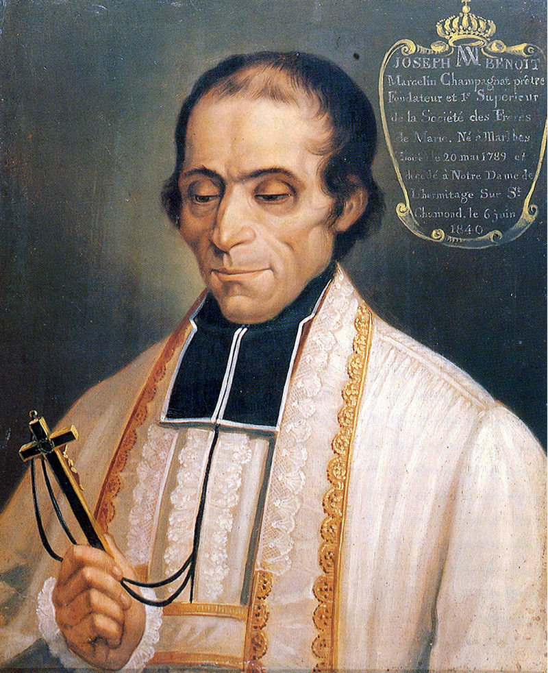 Oil painting of Catholic brother, balding with dark hair, wearing white robes and looking down at a large cross.