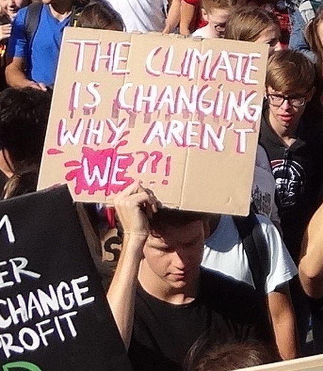 Protester wearing a black-tshirt looking down and holding a cardboard sign reading 'The Climate is changing why aren't we?'